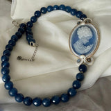 Blue Necklace with Cameo Natural Blue Agate Cameo on a Strand of Faceted Blue Agate Beads. Victorian Blue Collection