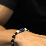 Lapis Stone, White Agate, Sunstone Flowers, Gold-Plated Hematite Cubes