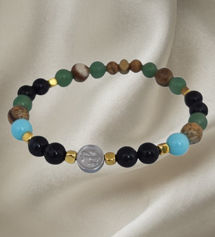 Men’s bracelet with hematite anchor plate, turquoise paste, blue sunstone, green agate, paesina stone and gold-plated hematite – Sir Edwin