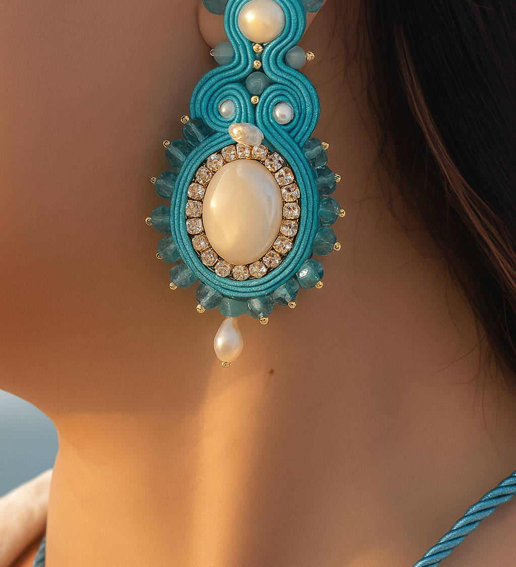 Handmade Italian earrings with mother-of-pearl, freshwater pearls and turquoise embroidery – Angella Turquoise Collection