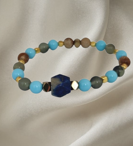 Men’s bracelet with lapis, turquoise paste, prehnite, paesina stone and gold-plated hematite – Sir Luxury