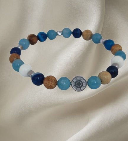 Men’s bracelet with hematite anchor plate, angelite, paesina stone, white agate, blue agate and hematite cubes – Sir Edwin