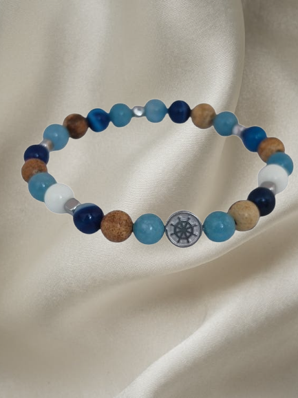 Men’s bracelet with hematite anchor plate, angelite, paesina stone, white agate, blue agate and hematite cubes – Sir Edwin