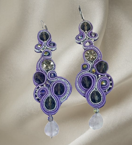 Handmade Italian earrings with violet crystals and silver-lilac embroidery – Carlotta Collection