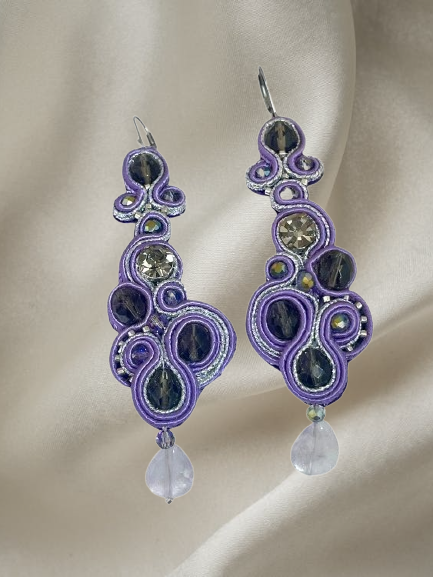 Handmade Italian earrings with violet crystals and silver-lilac embroidery – Carlotta Collection