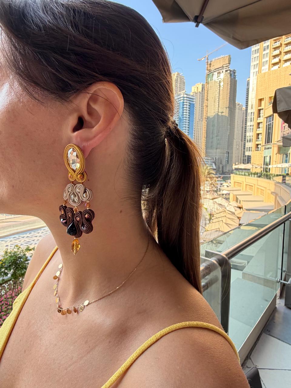 Handmade Italian earrings with golden cabochon and soutache embroidery – Nara Collection