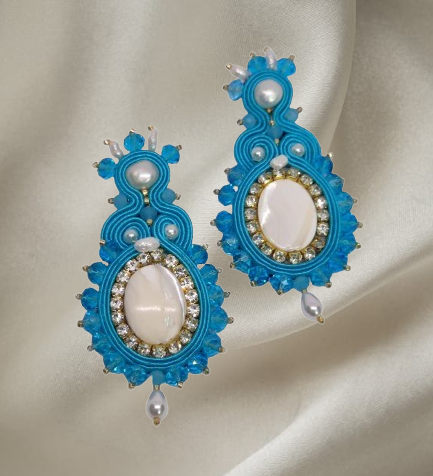 Handmade Italian earrings with mother-of-pearl, freshwater pearls and turquoise embroidery – Angella Turquoise Collection