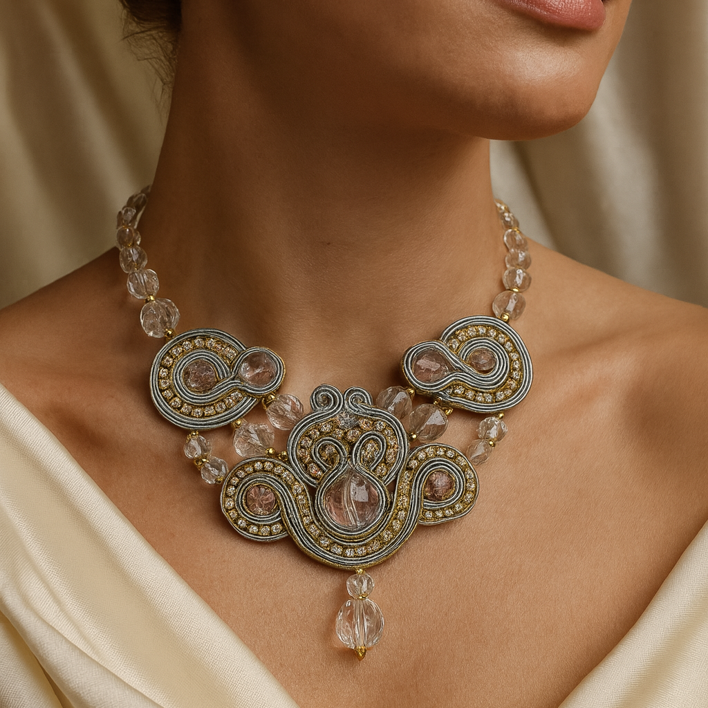 Handmade Italian necklace with clear crystals, metallic embroidery and pearl accents – Ice Collection