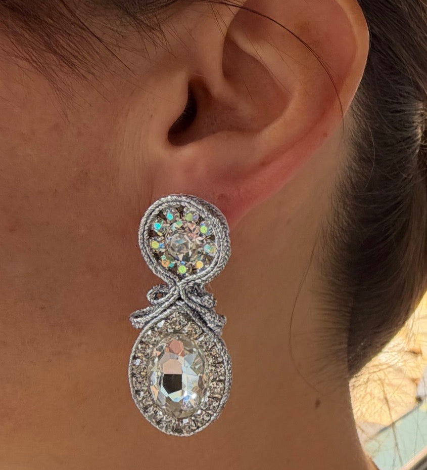 Handmade Italian earrings with center crystal, moonlight stones and silver-toned embroidery – Star Collection