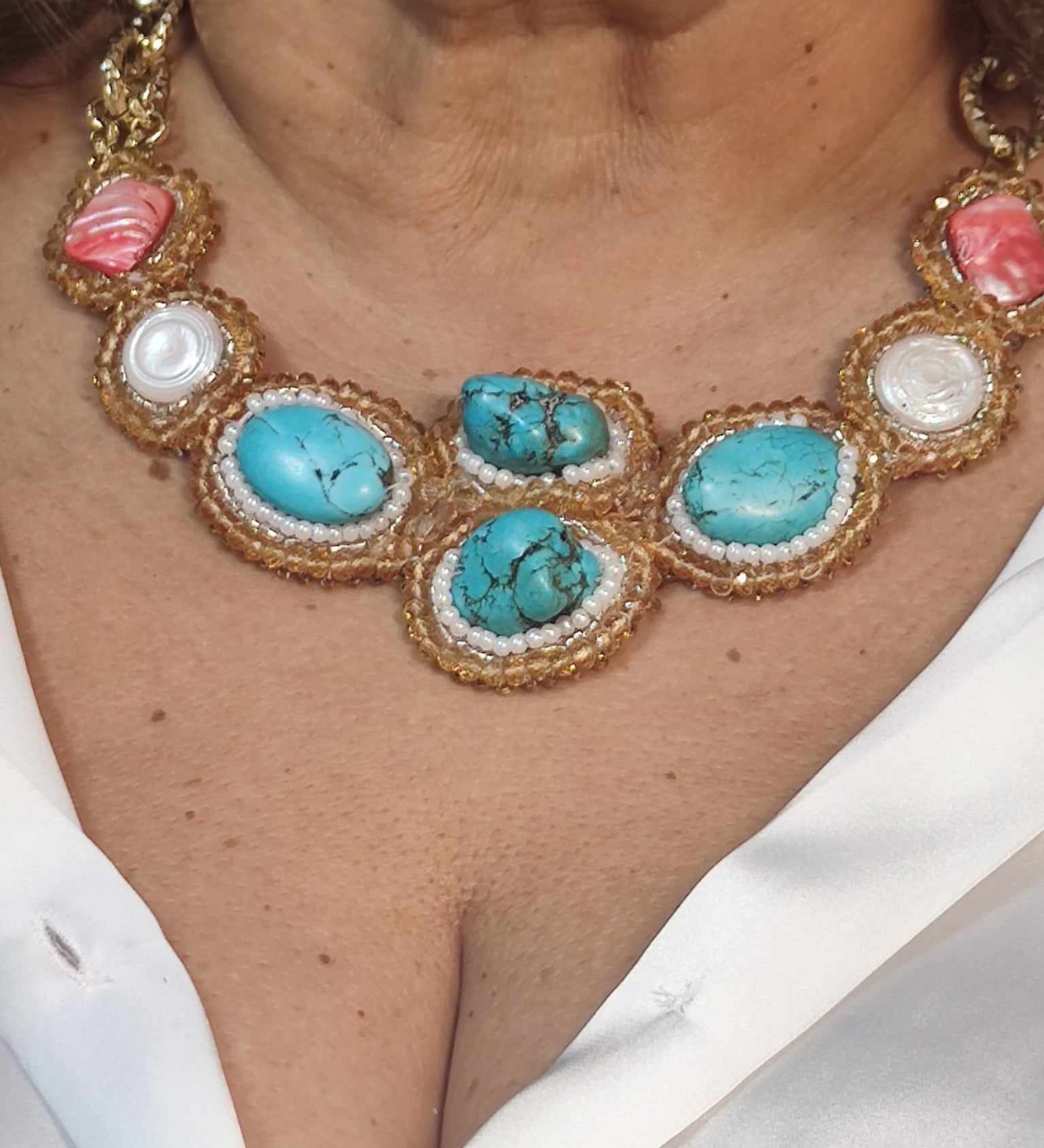 Handmade Italian necklace with turquoise stones, baroque pearls and red mother-of-pearl – Capri Collection