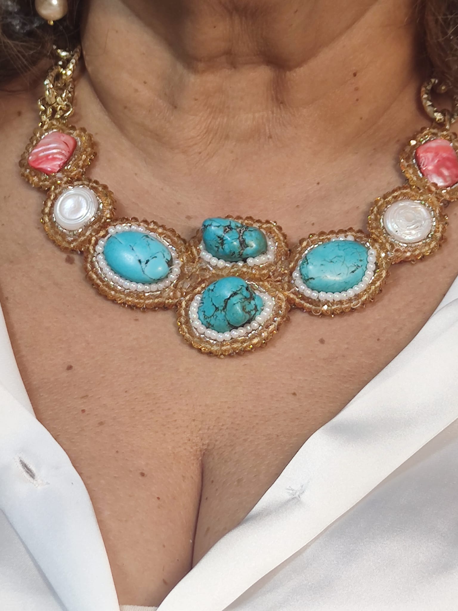 Handmade Italian necklace with turquoise stones, baroque pearls and red mother-of-pearl – Capri Collection