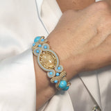 Handmade Italian bracelet with turquoise stones, yellow quartz cabochon and gold embroidery – Liberty Collection