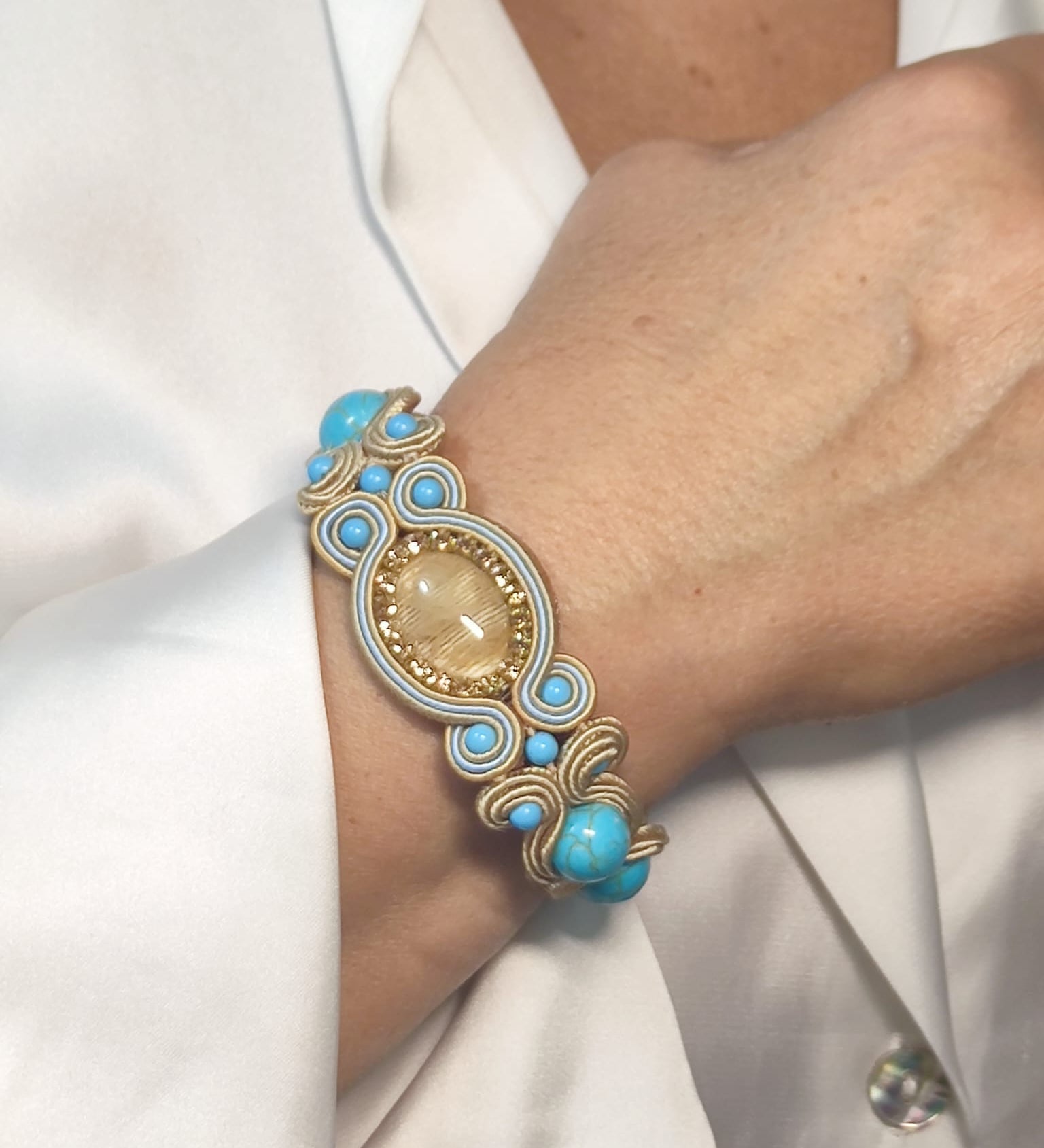 Handmade Italian bracelet with turquoise stones, yellow quartz cabochon and gold embroidery – Liberty Collection