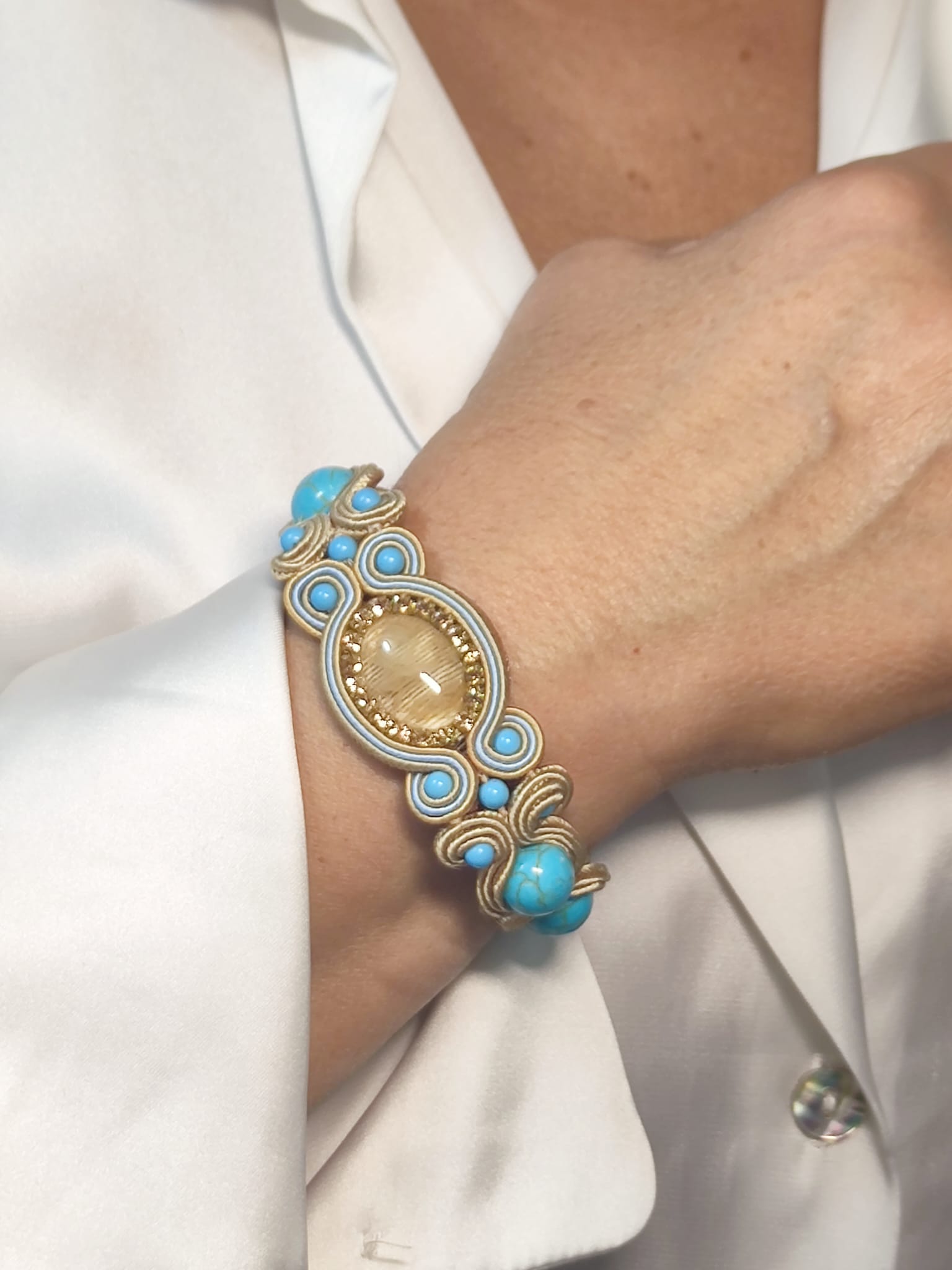 Handmade Italian bracelet with turquoise stones, yellow quartz cabochon and gold embroidery – Liberty Collection
