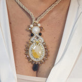 Handmade Italian necklace with yellow quartz cabochon, pearls and black onyx drop – Regina Collection