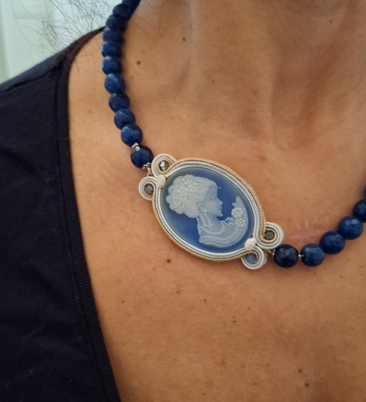 Handmade Italian blue agate cameo necklace with faceted blue agate beads – Victorian Blue Collection