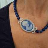Handmade Italian blue agate cameo necklace with faceted blue agate beads – Victorian Blue Collection