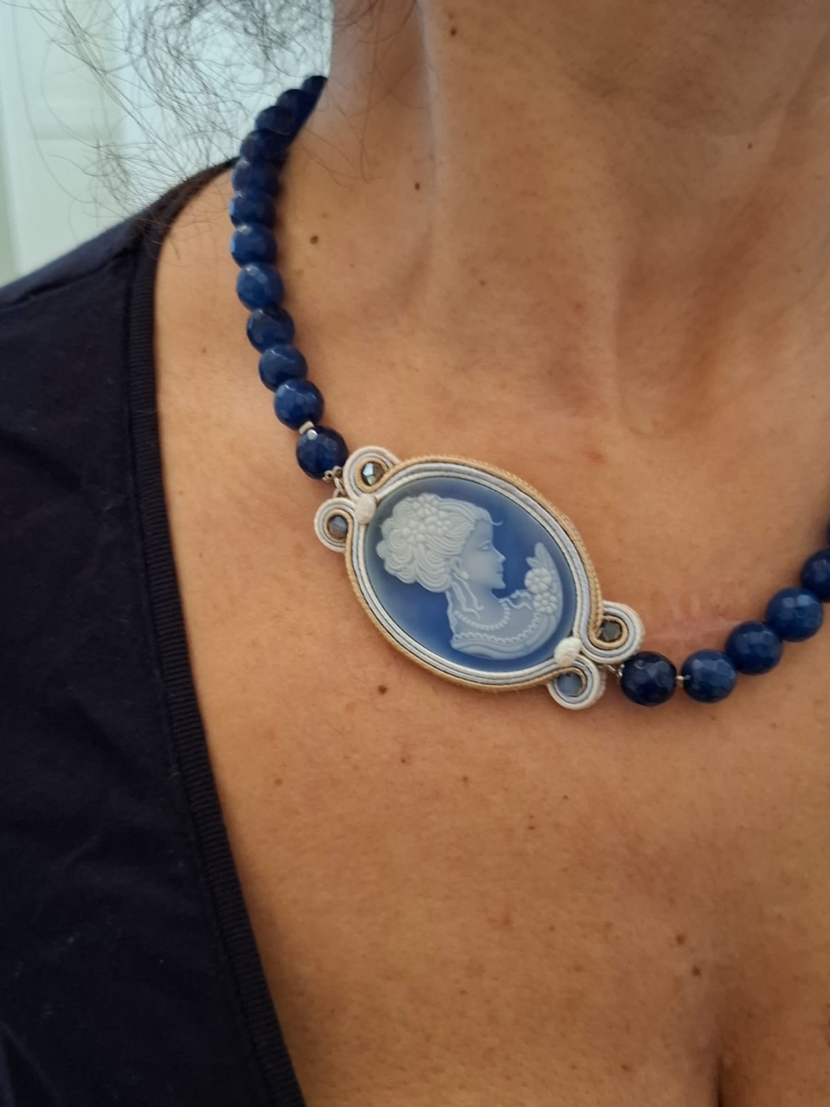Handmade Italian blue agate cameo necklace with faceted blue agate beads – Victorian Blue Collection