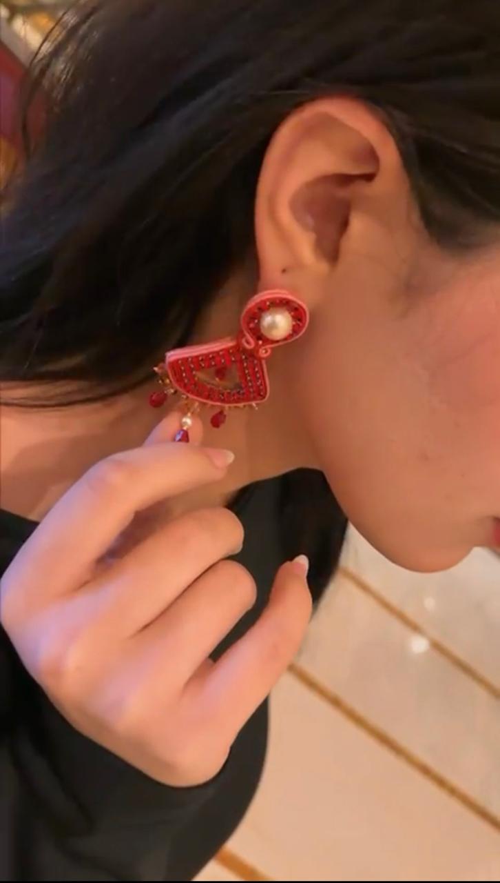 Handmade Italian red crystal and rhinestone earrings with pearl-top and fringe – Margot Red Collection