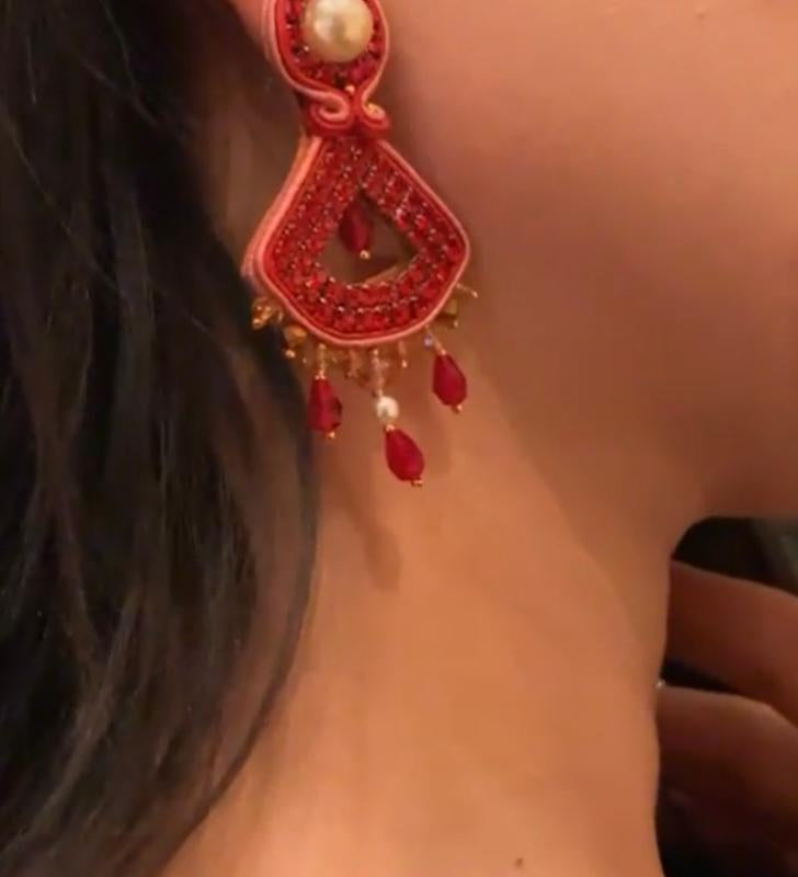 Handmade Italian red crystal and rhinestone earrings with pearl-top and fringe – Margot Red Collection