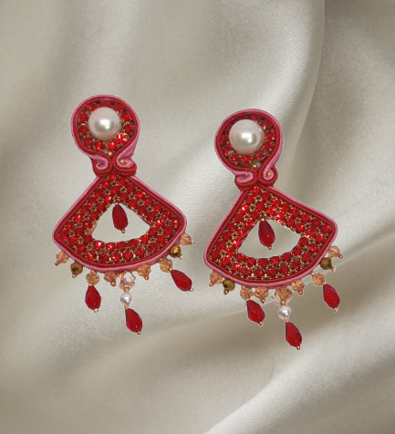 Handmade Italian red crystal and rhinestone earrings with pearl-top and fringe – Margot Red Collection