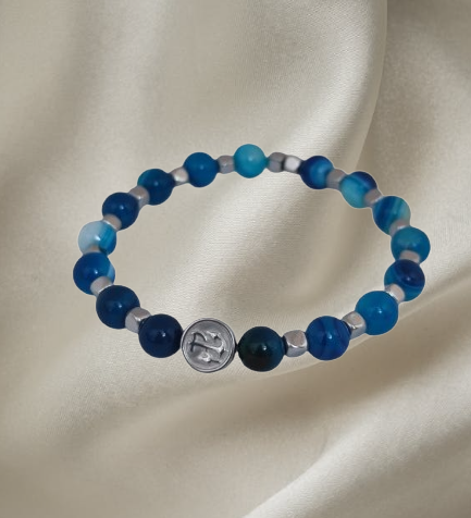 Men’s bracelet with hematite anchor plate, striped blue agate and hematite cubes – Sir Edwin