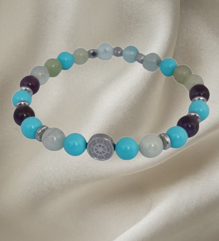 Men’s bracelet with hematite anchor plate, turquoise four-flowers paste, amethyst, green agate and hematite cubes – Sir Edwin