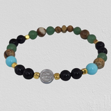 Hematite Plate with Anchor, Turquoise Paste, Blue Sunstone, Green Agate, Paesina Stone, Gold-Plated Hematite Cubes