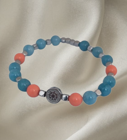 Men’s bracelet with hematite anchor plate, pink coral plate, Tiffany agate and hematite cubes – Sir Edwin