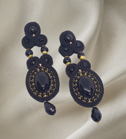 Handmade Italian black onyx earrings with golden crystal accents – Veronica Collection
