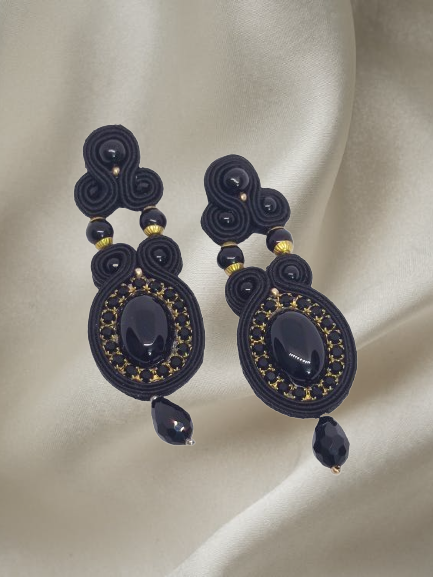 Handmade Italian black onyx earrings with golden crystal accents – Veronica Collection