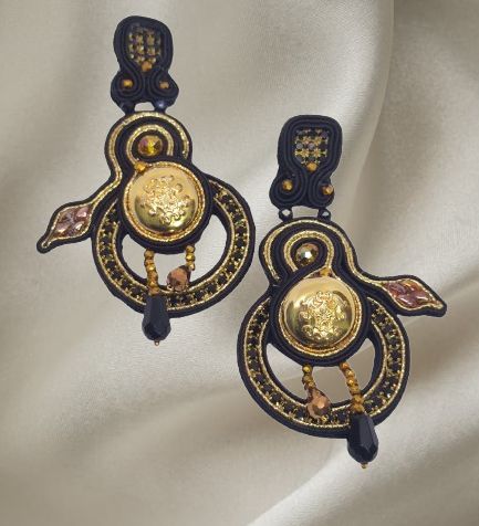 Handmade Italian vintage gold button earrings with crystals and black drop – Gold Buttons Collection