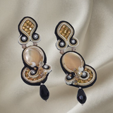 Handmade Italian cappuccino mother-of-pearl earrings with rhinestones and black crystal drop – Vanessa Collection