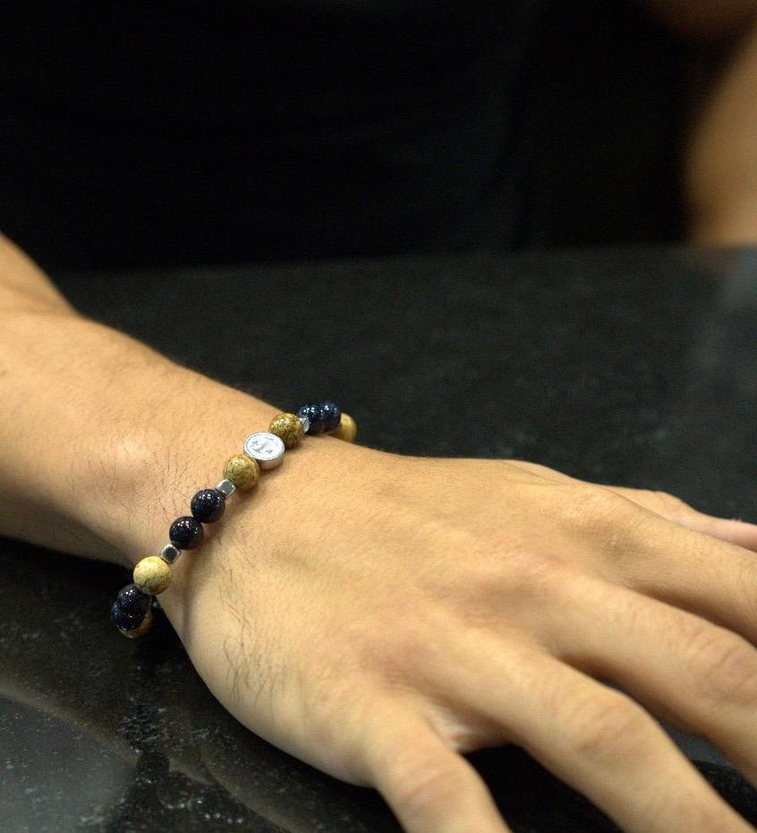 Men’s bracelet with hematite anchor plate, paesina stone, sunstone and hematite cubes – Sir Edwin