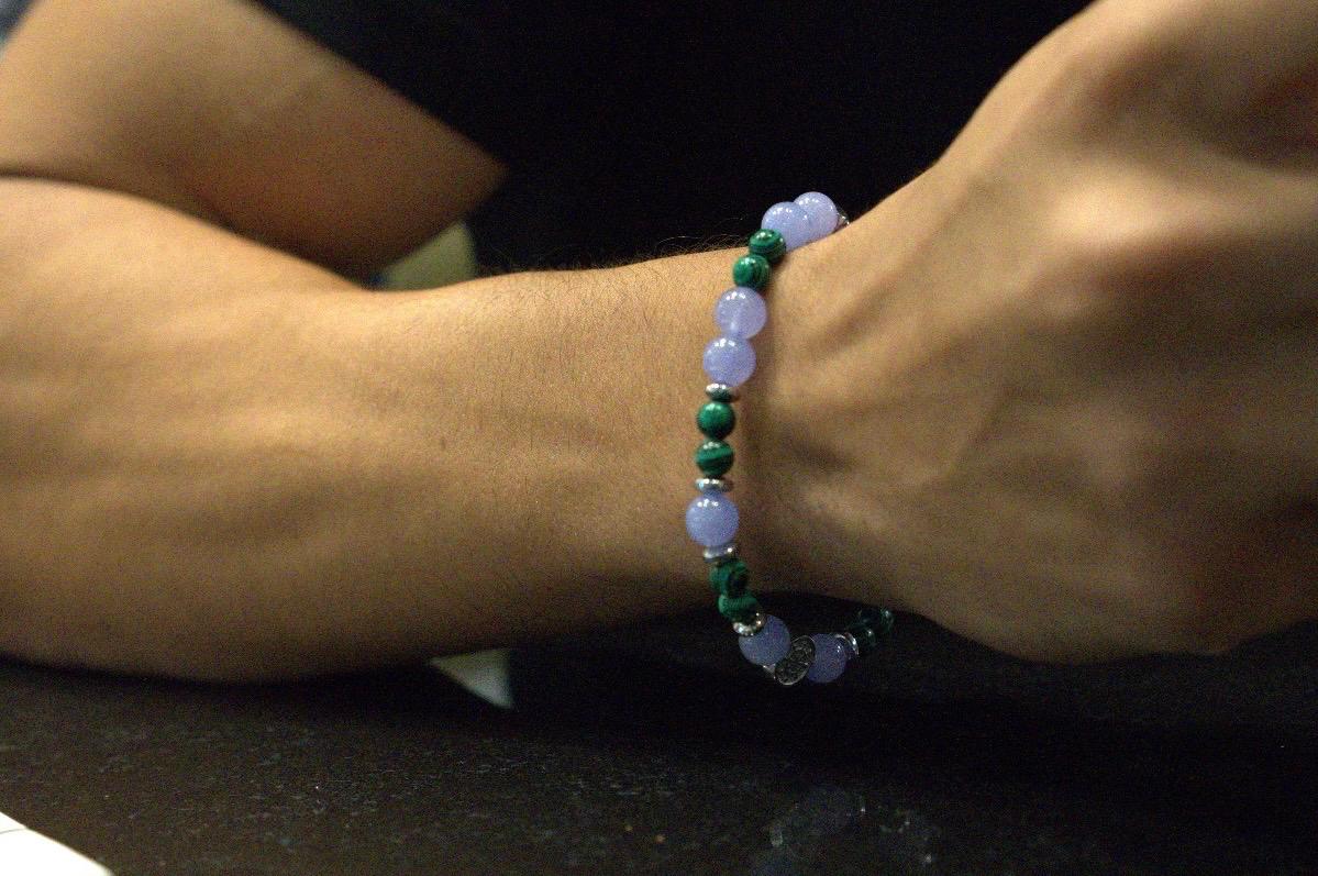 Men’s bracelet with hematite anchor plate, lilac agate, hematite rondelets and malachite – Sir Edwin