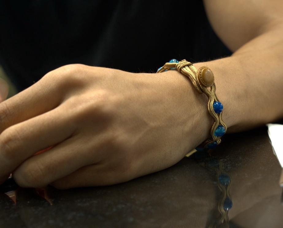 Handmade bracelet with blue banded agate and embroidered detailing – Sir Roberts