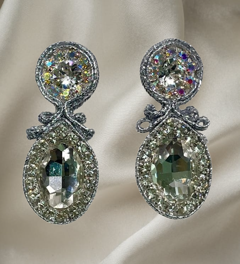 Handmade Italian earrings with center crystal, moonlight stones and silver-toned embroidery – Star Collection