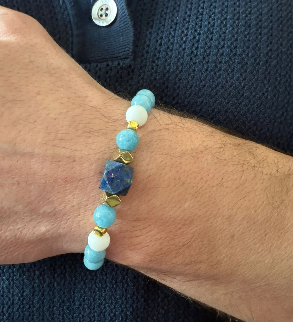 Men’s bracelet with lapis, angelite, white agate and gold-plated hematite – Sir Luxury