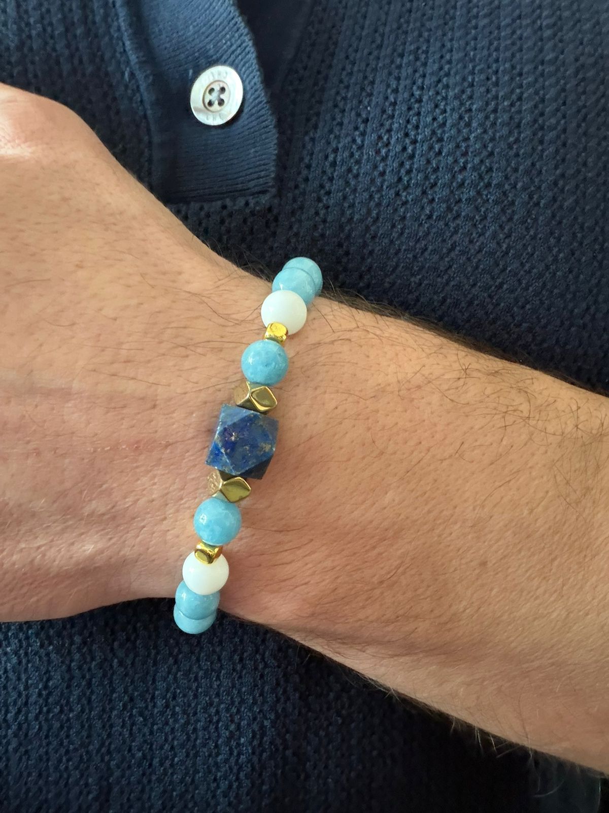 Men’s bracelet with lapis, angelite, white agate and gold-plated hematite – Sir Luxury