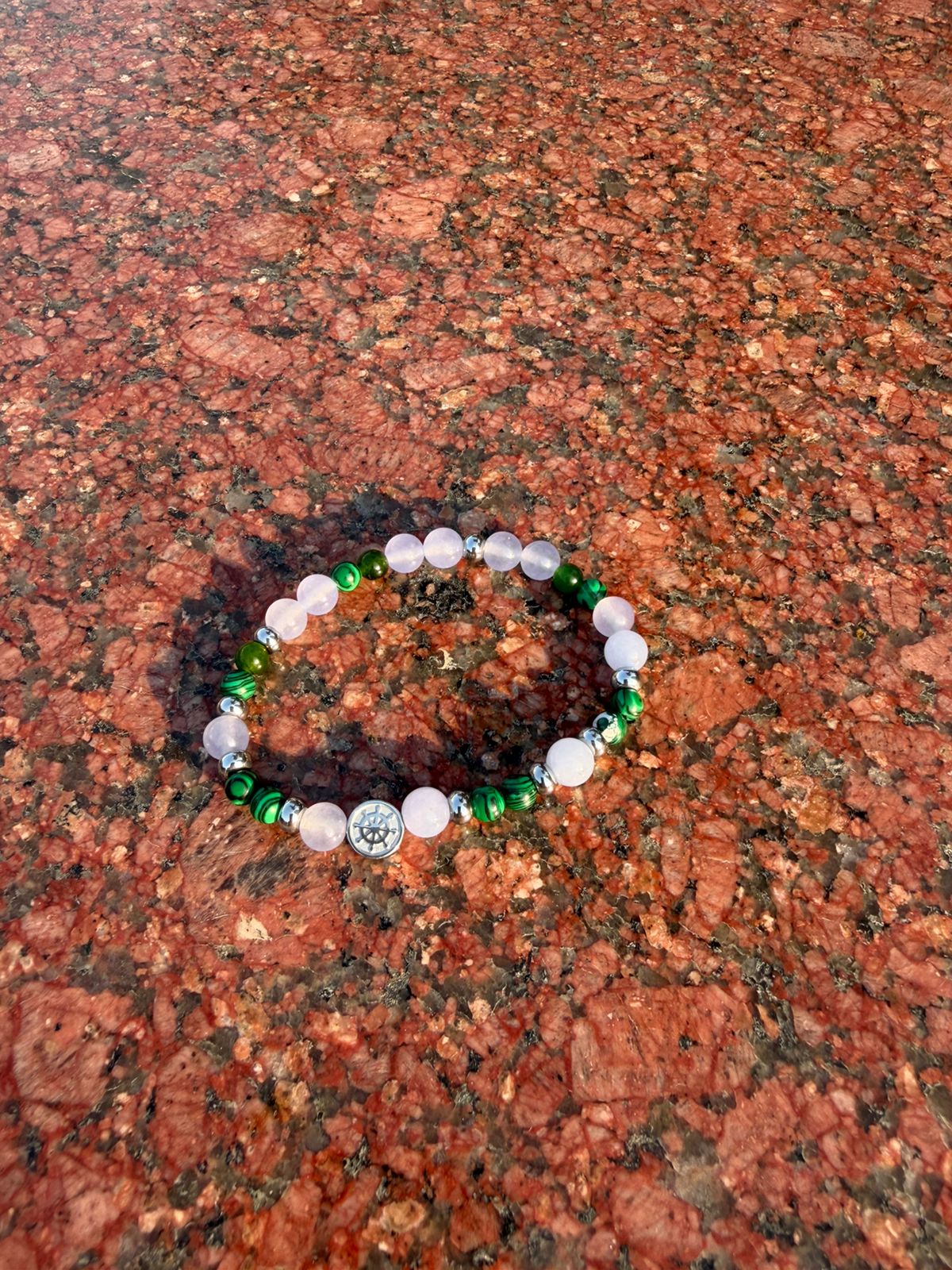 Men’s bracelet with hematite anchor plate, lilac agate, hematite rondelets and malachite – Sir Edwin