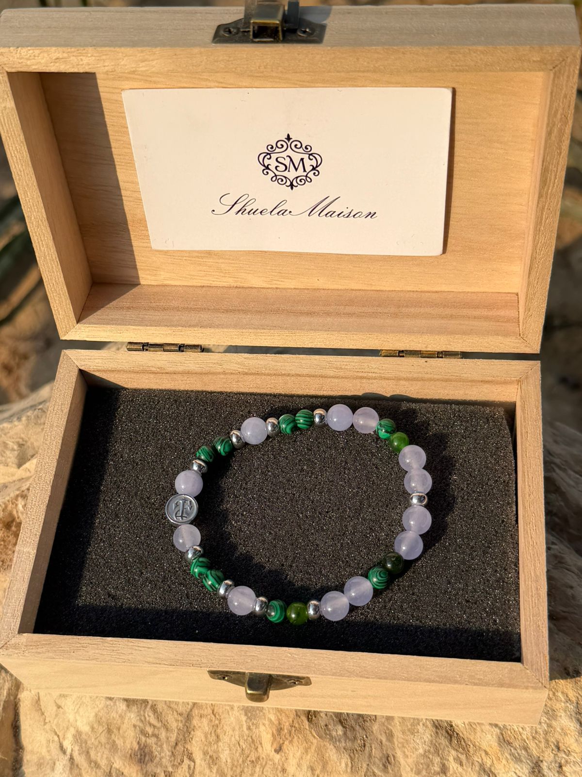 Men’s bracelet with hematite anchor plate, lilac agate, hematite rondelets and malachite – Sir Edwin