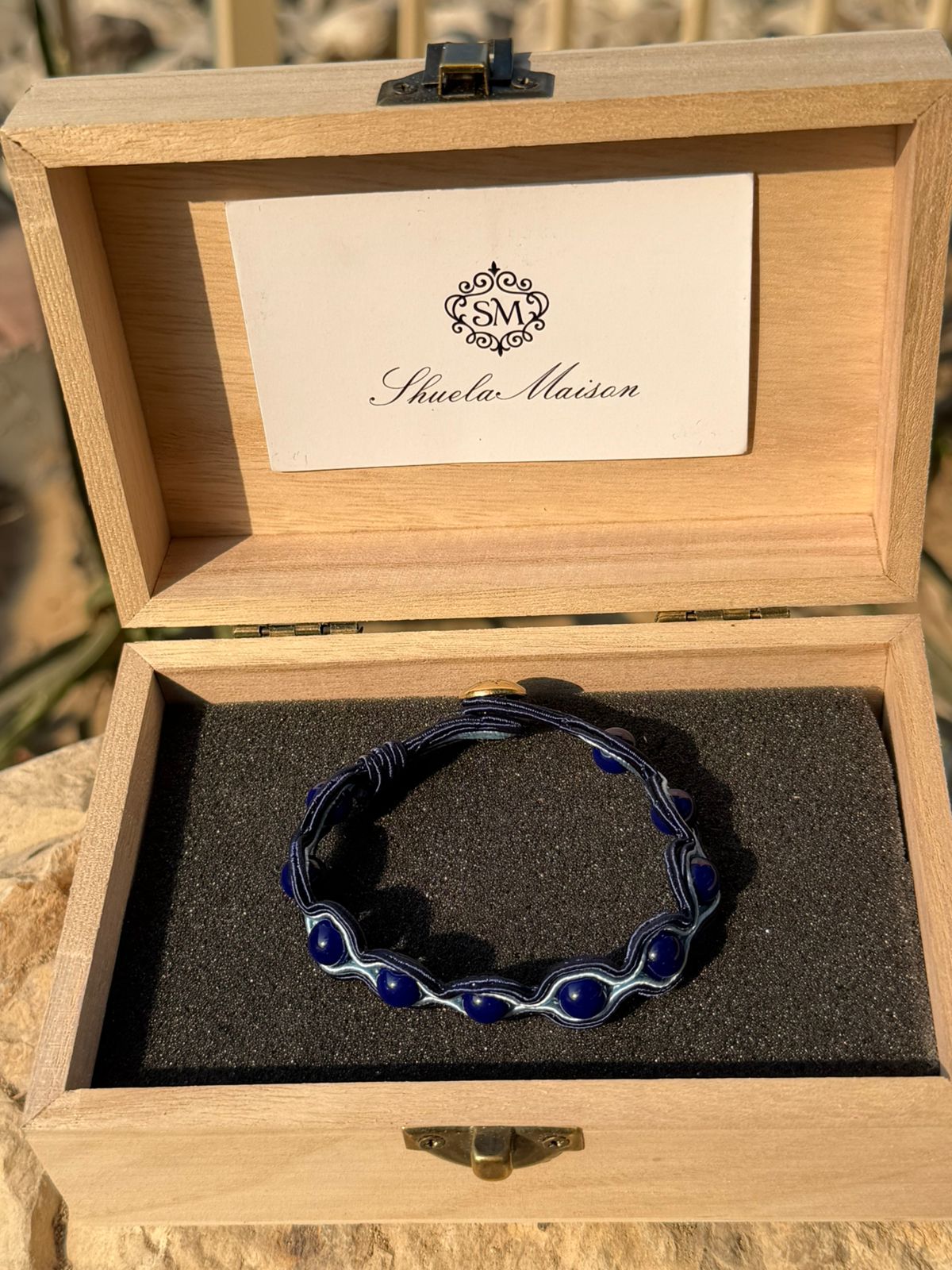 Handmade bracelet with blue agate and embroidered detailing – Sir Roberts