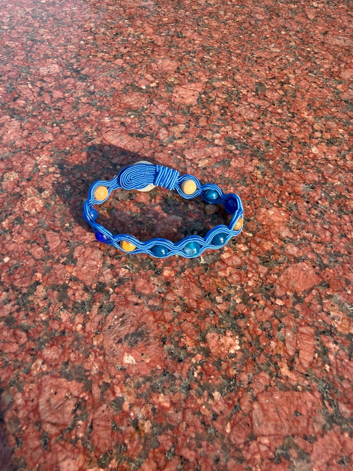 Handmade bracelet with blue agate landscape stone and blue embroidery – Sir Roberts