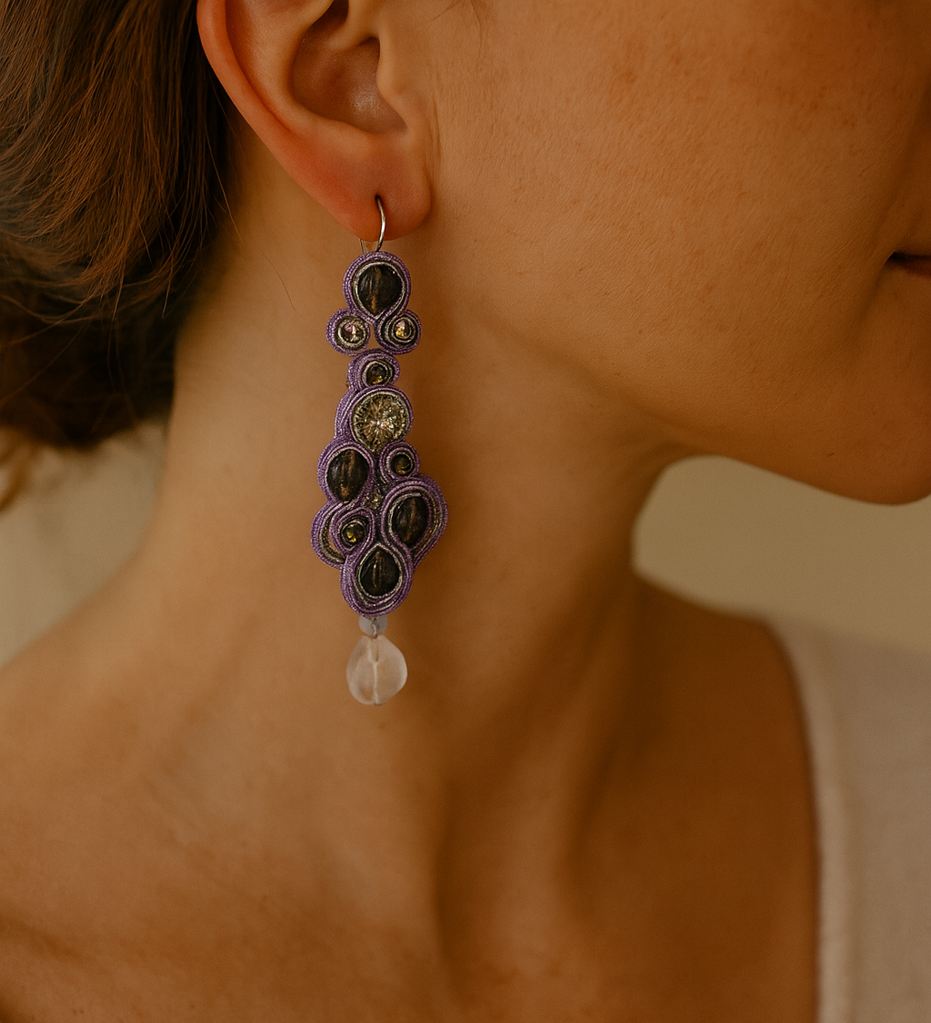 Handmade Italian earrings with violet crystals and silver-lilac embroidery – Carlotta Collection