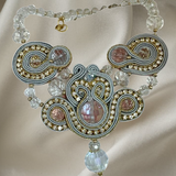 Handmade Italian necklace with clear crystals, metallic embroidery and pearl accents – Ice Collection