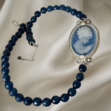 Handmade Italian blue agate cameo necklace with faceted blue agate beads – Victorian Blue Collection