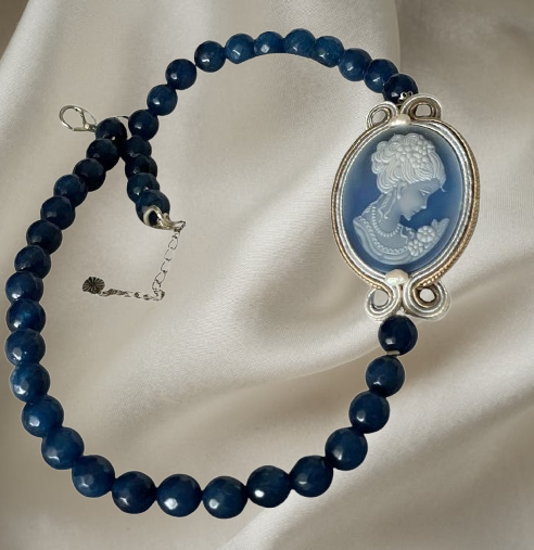 Handmade Italian blue agate cameo necklace with faceted blue agate beads – Victorian Blue Collection