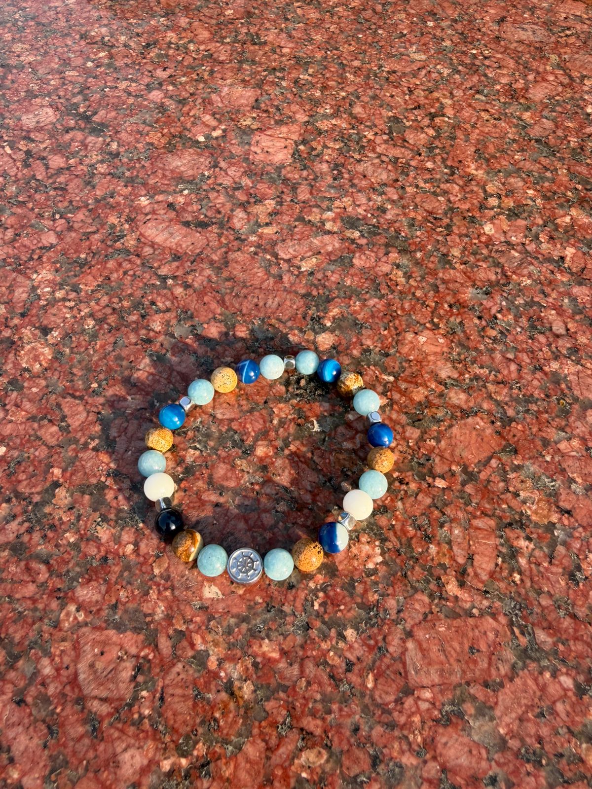 Men’s bracelet with hematite anchor plate, angelite, paesina stone, white agate, blue agate and hematite cubes – Sir Edwin