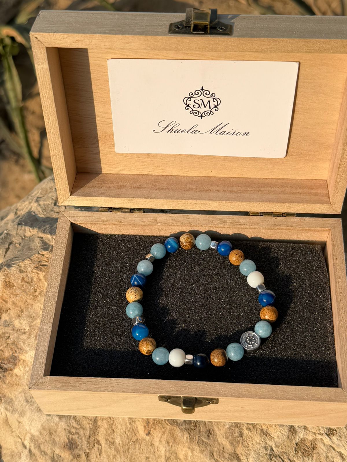 Men’s bracelet with hematite anchor plate, angelite, paesina stone, white agate, blue agate and hematite cubes – Sir Edwin