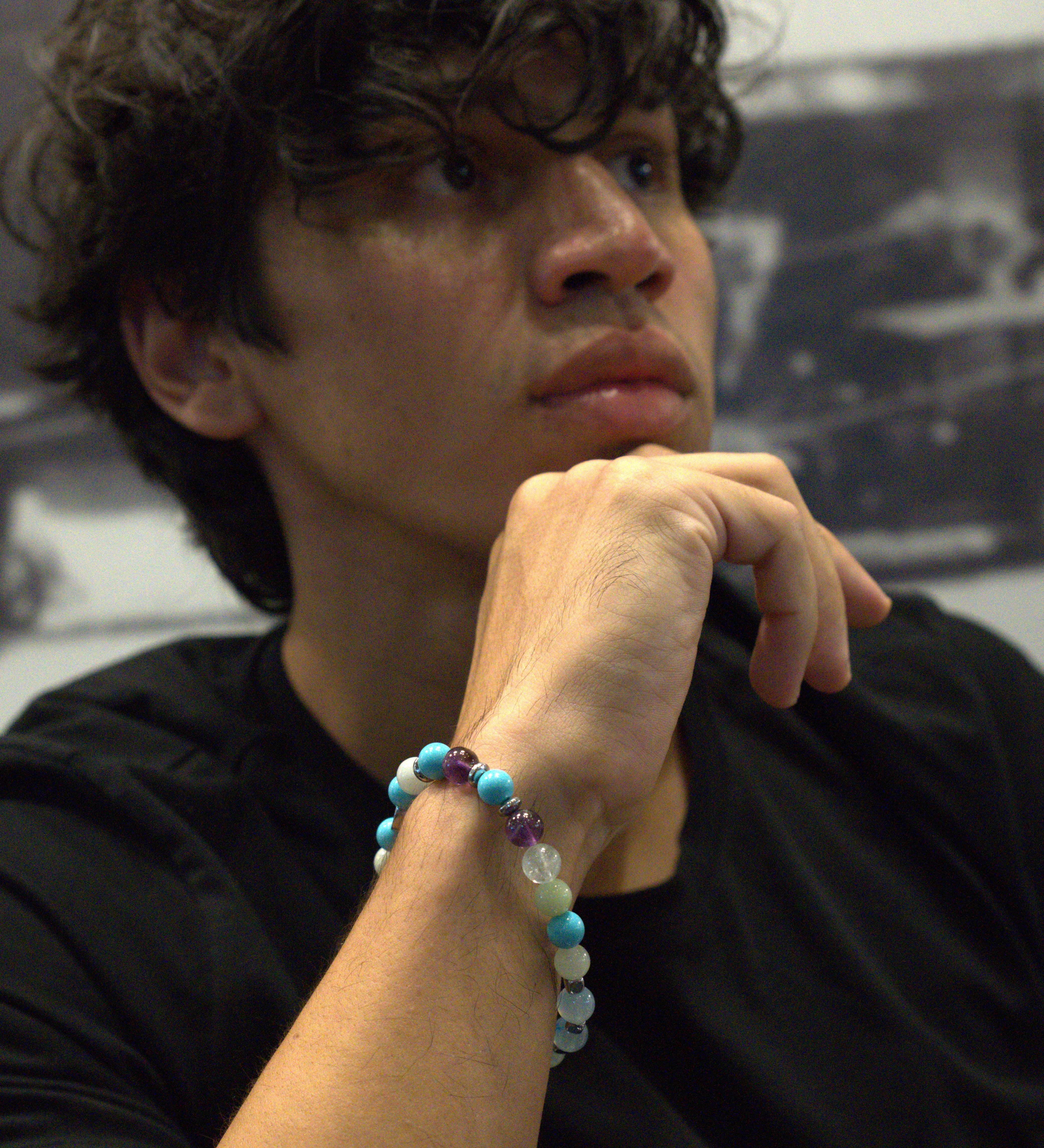 Men’s bracelet with hematite anchor plate, turquoise four-flowers paste, amethyst, green agate and hematite cubes – Sir Edwin